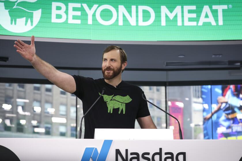 NEW YORK, NY - MAY 2: Beyond Meat CEO Ethan Brown speaks before ringing the opening bell at Nasdaq MarketSite, May 2, 2019 in New York City. Valued at around $1.5 billion, Beyond Meat makes plant-based burgers and sausages. (Photo by Drew Angerer/Getty Images) ** OUTS - ELSENT, FPG, CM - OUTS * NM, PH, VA if sourced by CT, LA or MoD **