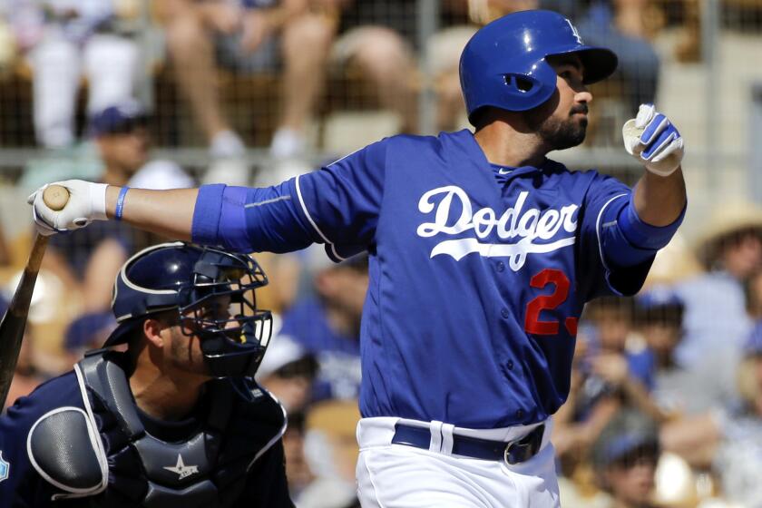 Dodgers first baseman Adrian Gonzalez, shown during a game earlier this spring, homered against the Giants on Friday.