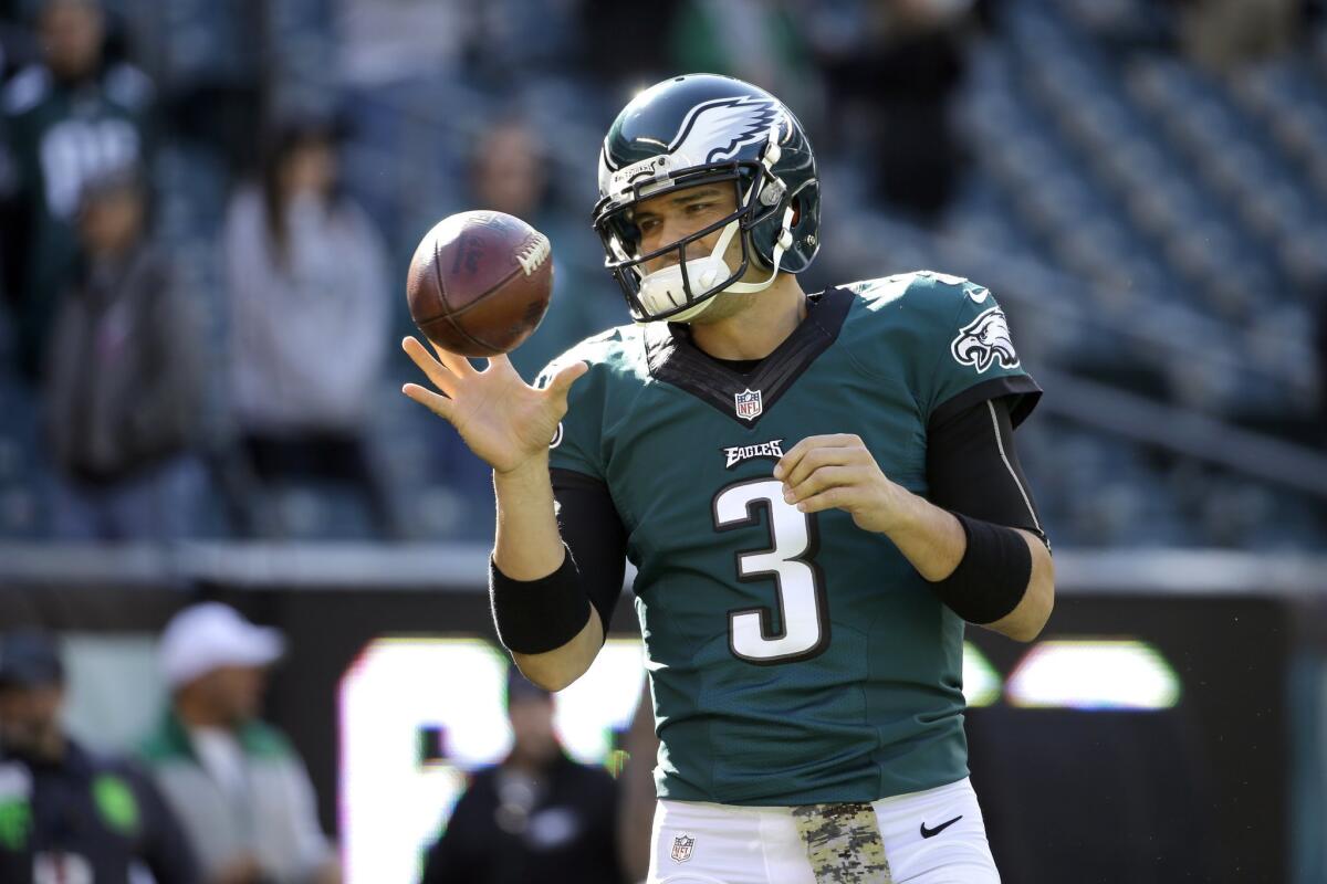 Philadelphia quarterback Mark Sanchez warms up before a game against Miami on Nov. 15, 2015.