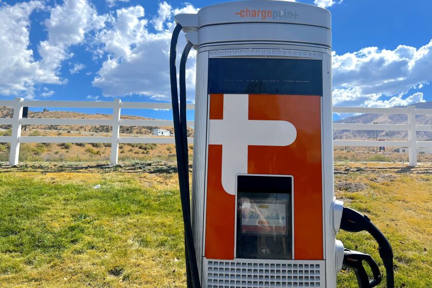 A ChargePoint fast charger in a Jack-in-the-Box parking lot off I-5 at the foot at the Grapevine,