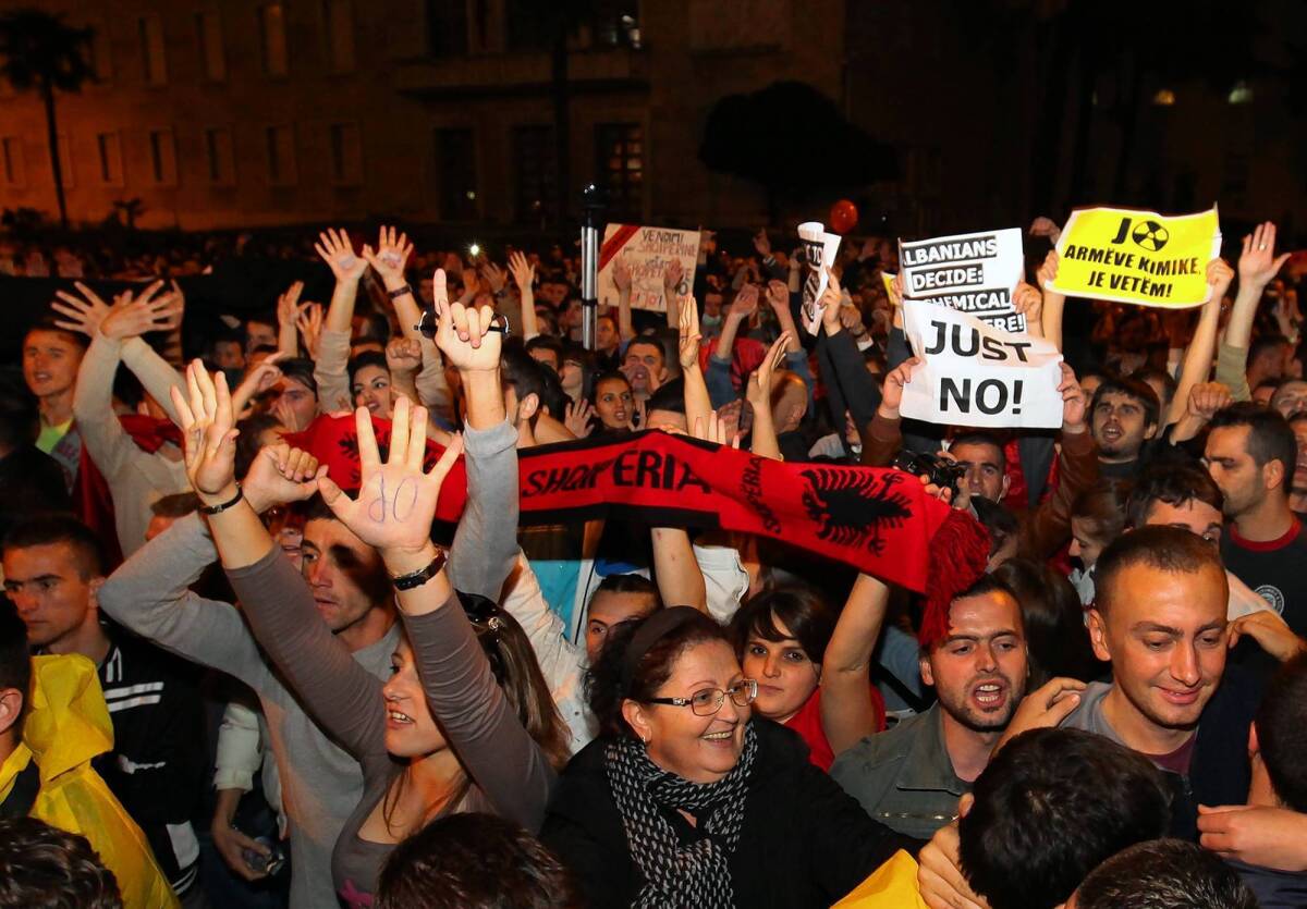 Albanians in Tirana, the capital, celebrate the news that Prime Minister Edi Rama turned down a U.S. request that his nation take in Syria's chemical weapons arsenal for destruction.