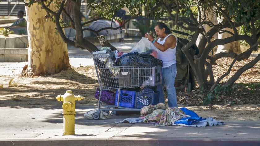 Richard "Moon Dog" Jude, 63, who has been homeless for last three years, examines his possessions near Pomona City Hall.