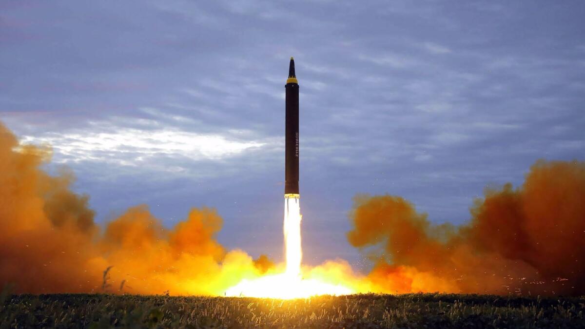 A North Korean intermediate-range ballistic missile lifts off at an undisclosed location near Pyongyang on Aug. 29.