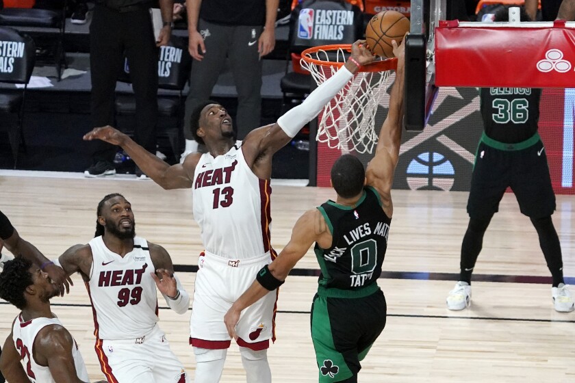 Nba Playoffs Bam Adebayo S Block Helps Heat Win Game 1 Over Celtics Los Angeles Times