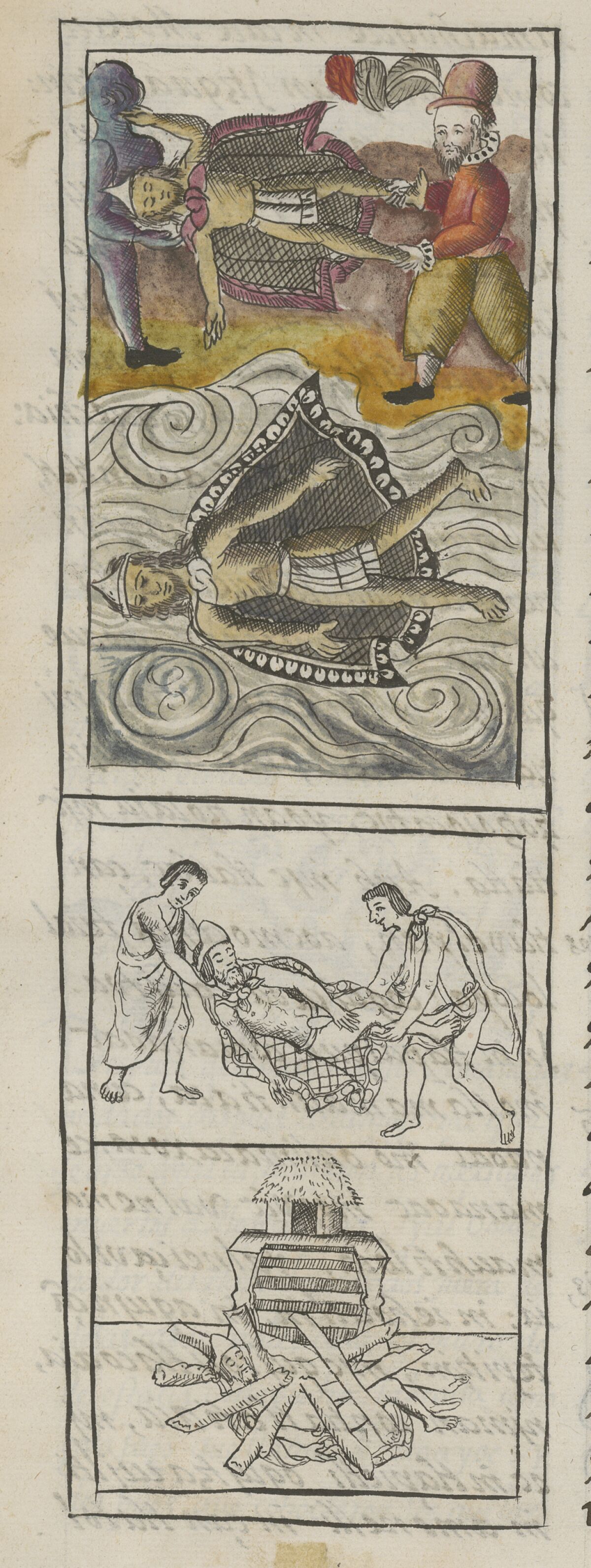 A detail from Book 12 shows Spaniards tossing the dead bodies of Moctezuma and Itzquauhtzin into a canal. The artists reserved scarce pigments for this important scene.