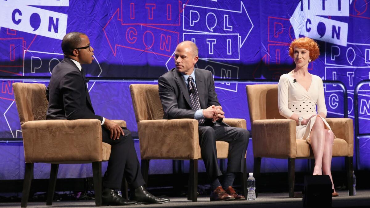 Journalist Jonathan Capehart, left, interviews Michael Avenatti and Kathy Griffin for the Politicon panel titled "How to Beat Trump."