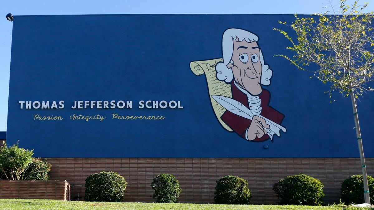 Glenn Harmon, a former DreamWorks Animation artist whose children attended Thomas Jefferson Elementary School in Burbank, recently painted a mural of Thomas Jefferson on its auditorium wall.