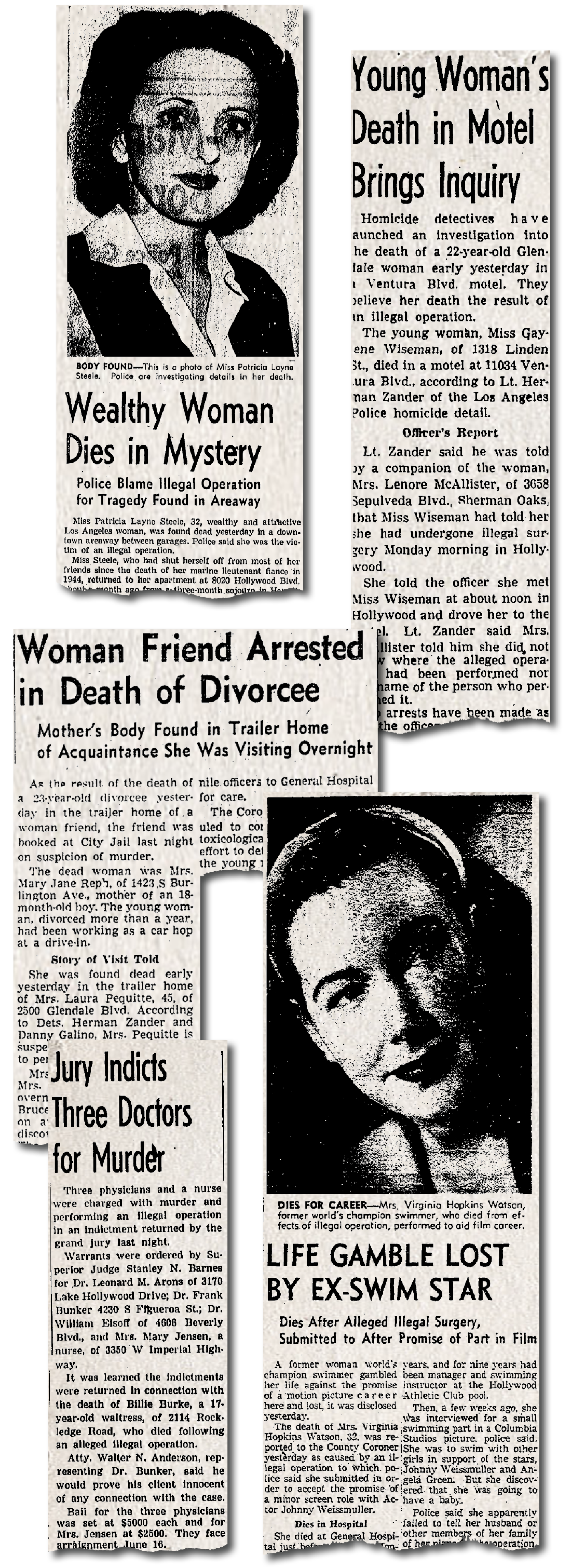 Newspaper clippings showing women who died after illegal abortions