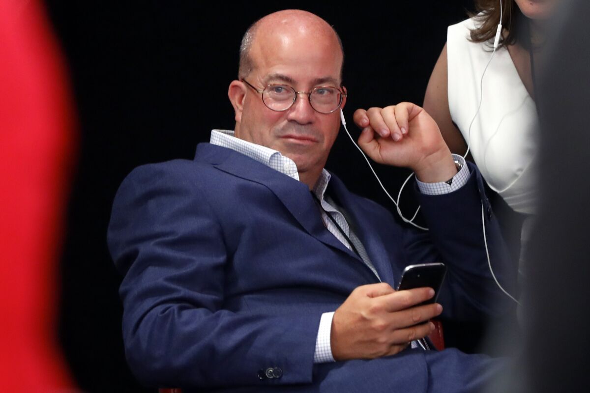 FILE - Jeff Zucker, Chairman, WarnerMedia News and Sports and President, CNN Worldwide listens in the spin room after the first of two Democratic presidential primary debates hosted by CNN on July 30, 2019, in the Fox Theatre in Detroit. CNN faces the challenge of navigating a pivotal moment in the news industry without its dominant leader, as Jeff Zucker's ouster because of a relationship with a colleague unleashed raw, angry feelings among some people he led. (AP Photo/Paul Sancya, File)