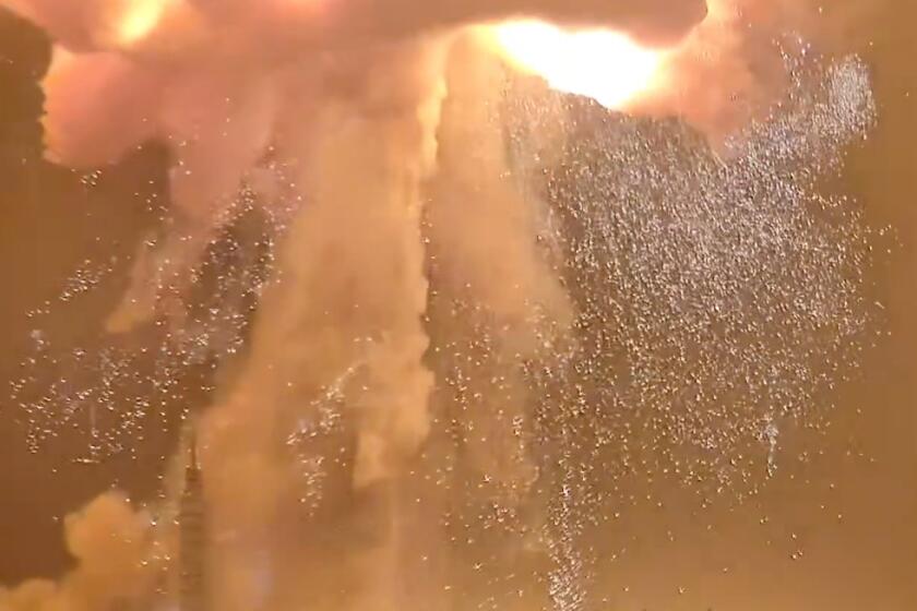 A Blue Origin New Glenn rocket explodes during an engine-firing test on Thursday, May 28, 2026, in Cape Canaveral, Fla. (@JConcilus via AP)