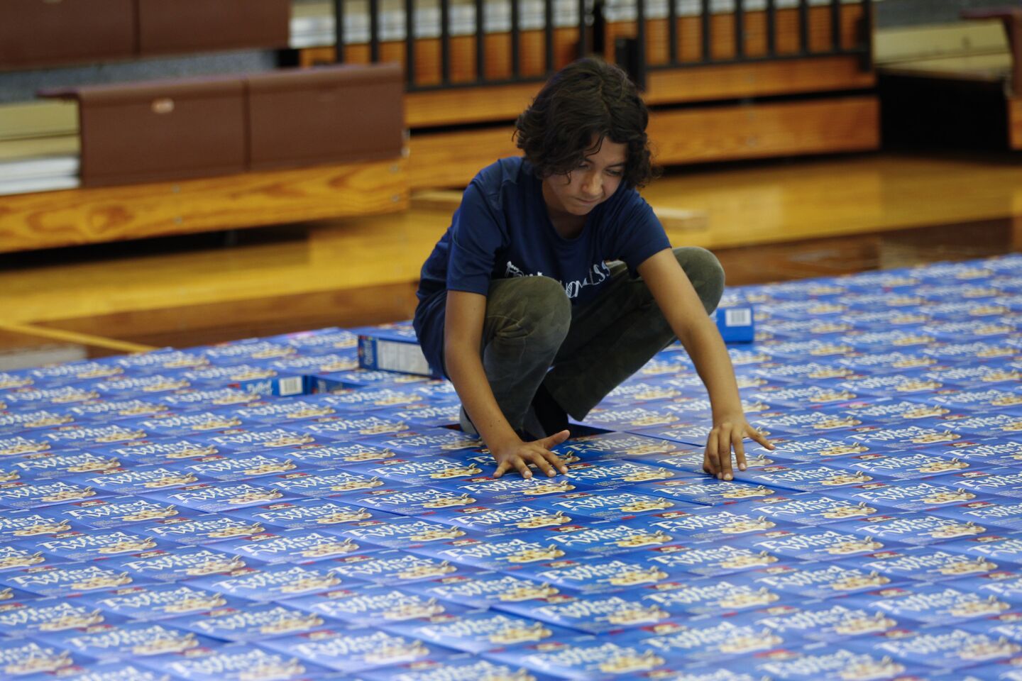 Taj Gillin works on aligning the cereal boxes as he and his team from Francis Parker School attempt to break the world’s largest cardboard box mosaic on Sunday.