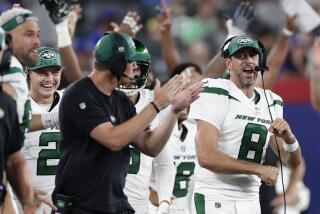 New York Jets quarterback Aaron Rodgers (8) reacts to a touchdown during the second half of an NFL preseason football game against the New York Giants, Saturday, Aug. 26, 2023, in East Rutherford, N.J. (AP Photo/Adam Hunger)