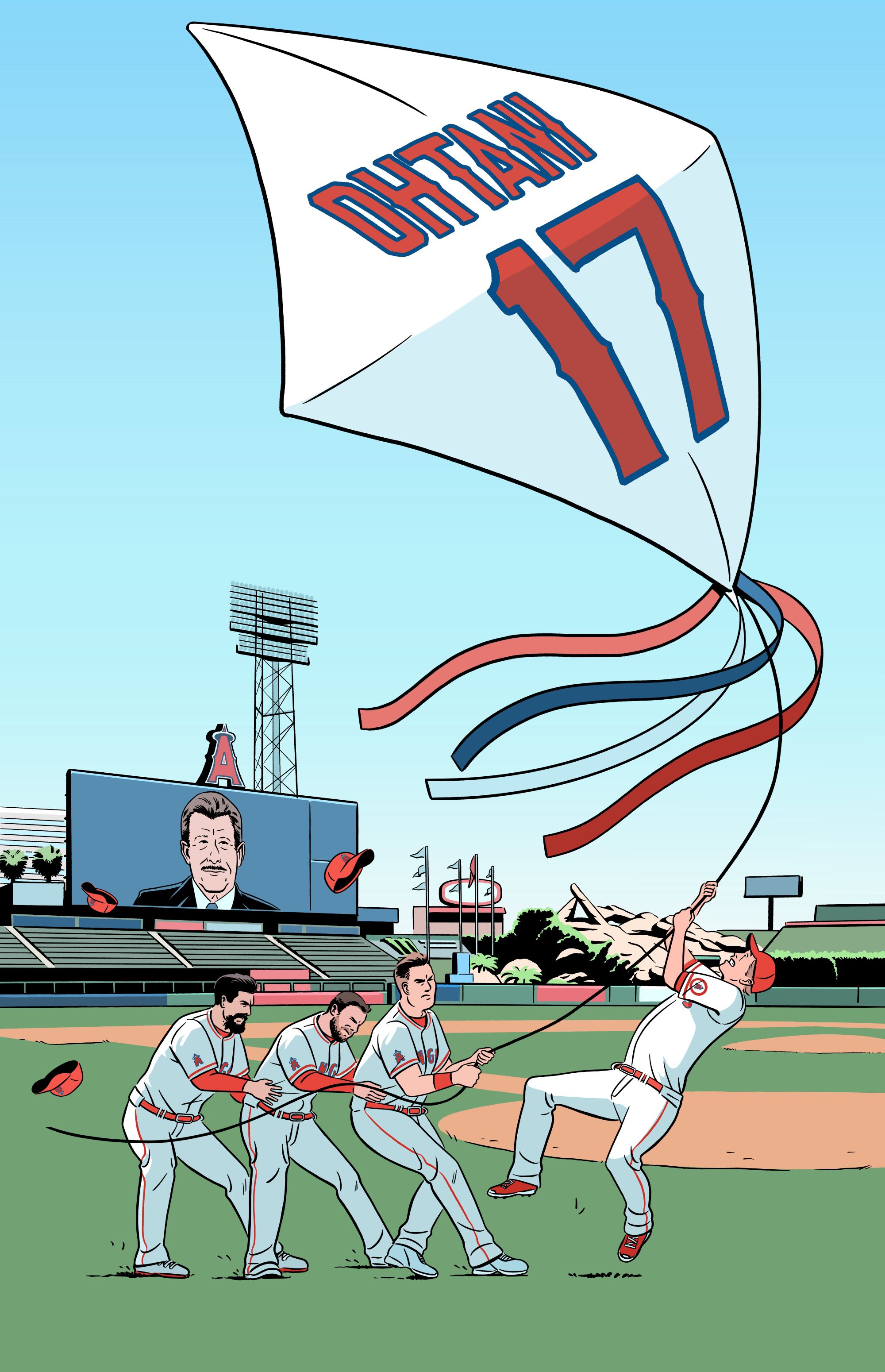Illustration of four Angels players holding onto a giant kite with Ohtani's name and #17 on it to keep it from blowing away
