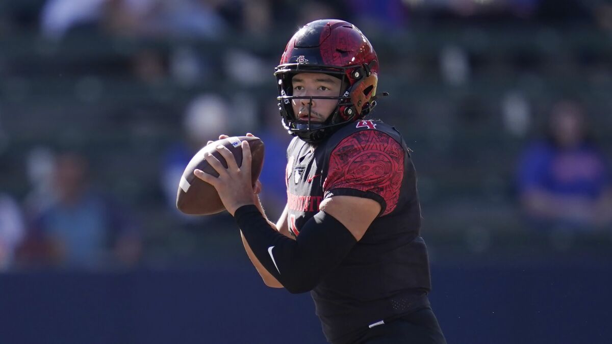 San Diego State quarterback Jordon Brookshire looks for a receiver during game against Boise State.