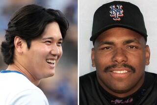 Left, Dodgers Shohei Ohtani warms-up before a game. Right, 1999 image of New York Mets slugger Bobby Bonilla.