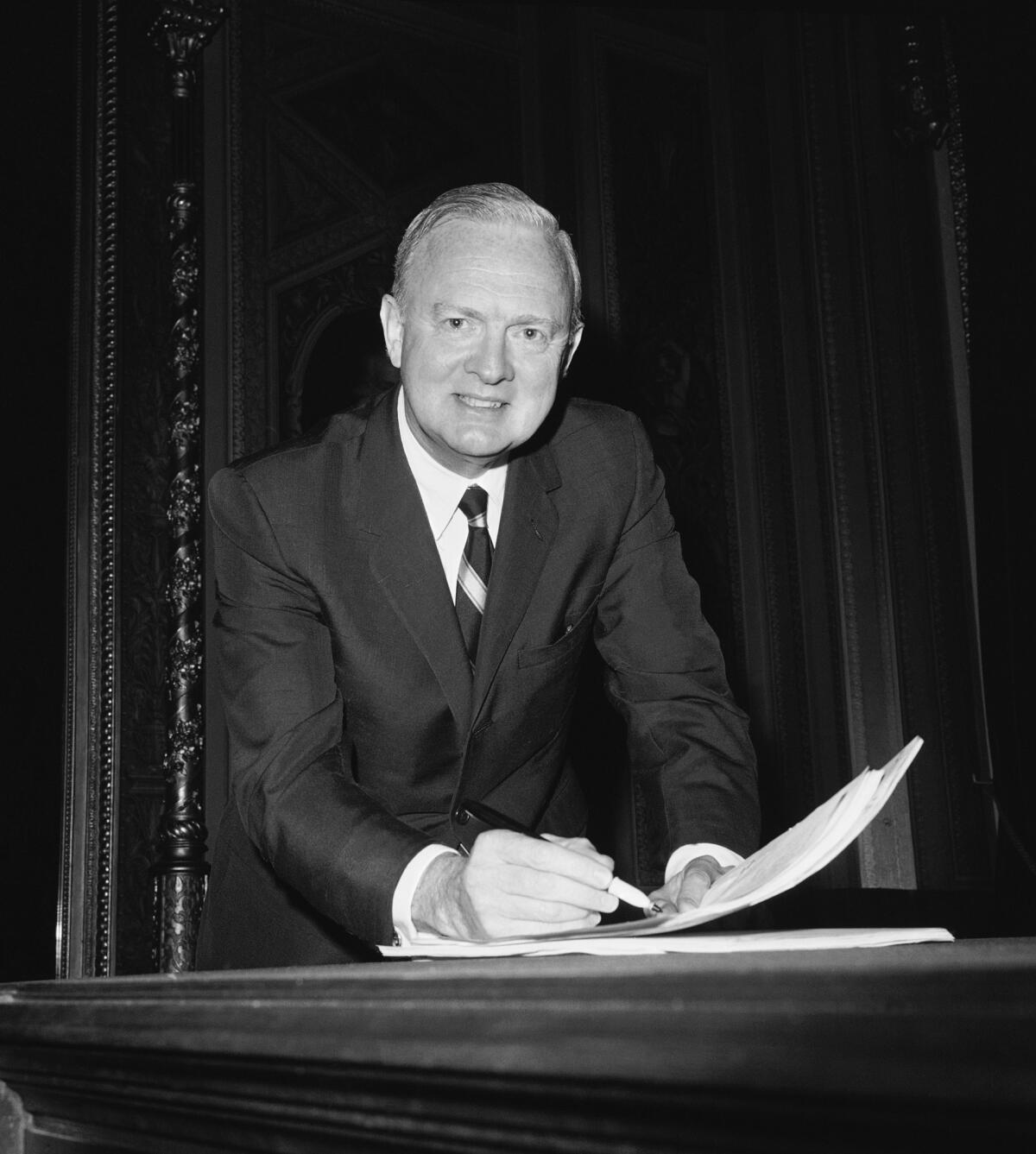 Sen. Harry F. Byrd Jr. (D-Va.) reviews notes in preparation for a speech against the civil rights bill, on the Senate floor on Capitol Hill in Washington in 1966. Byrd, a conservative Democrat turned independent who followed in his father's footsteps, has died.