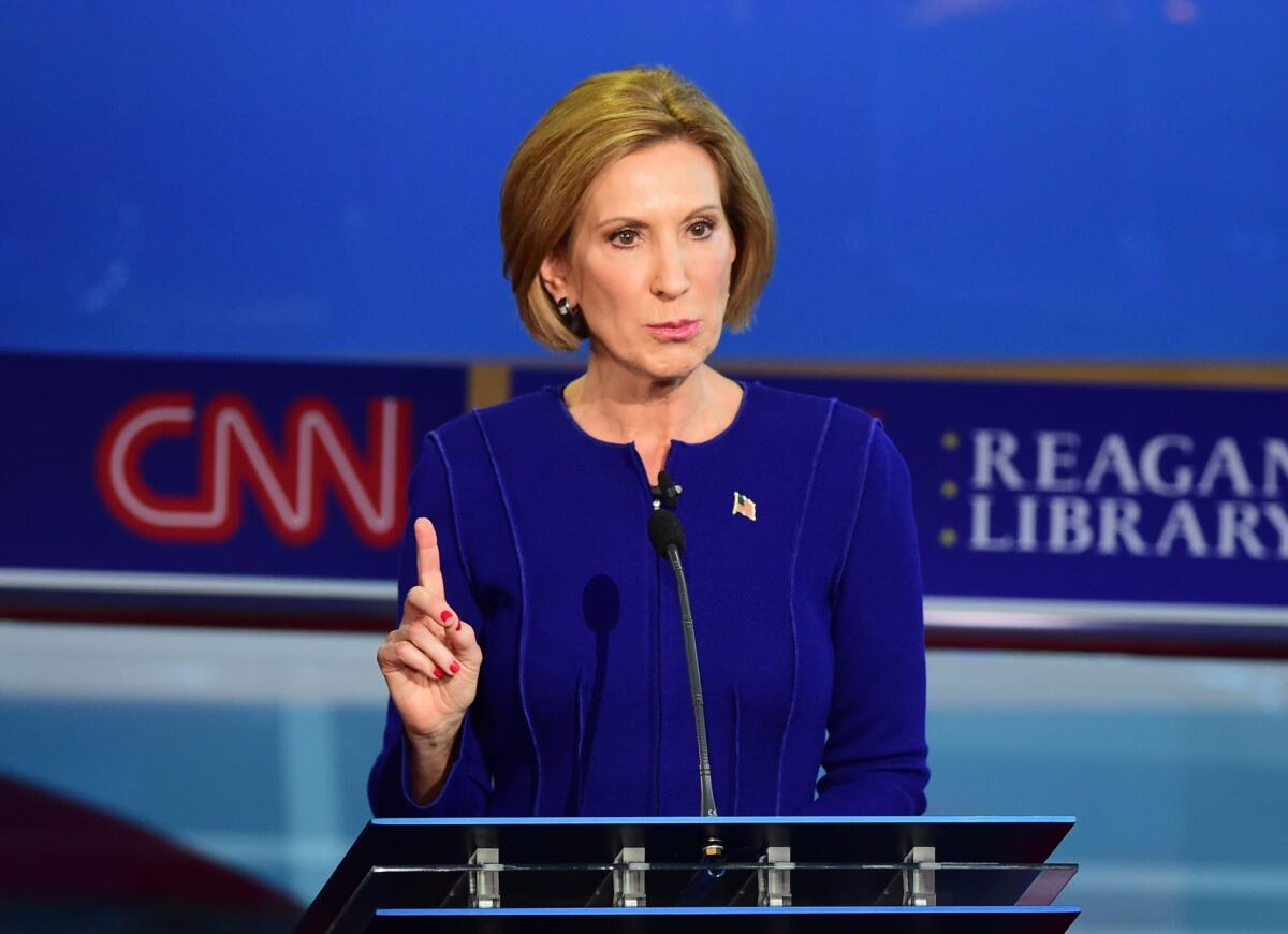 Carly Fiorina speaks during the Republican presidential debate at the Ronald Reagan Presidential Library in Simi Valley.