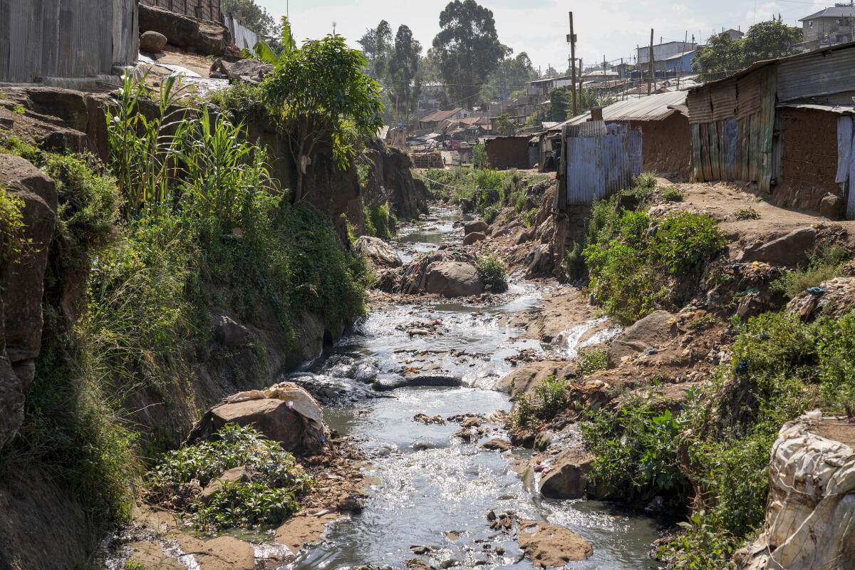 A tributary full of garbage, which feeds into the Nairobi River