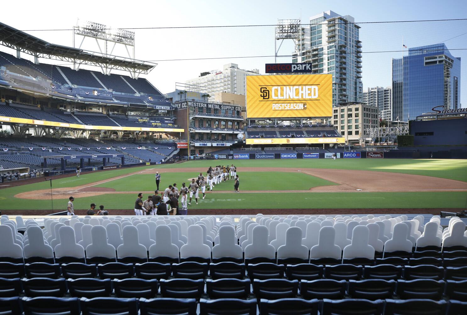 San Diego Padres party in clubhouse after clinching playoff spot