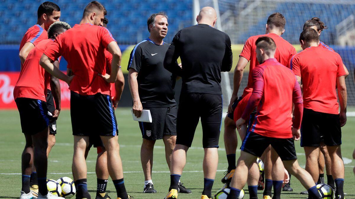 U.S. coach Bruce Arena, center, talks to his players during practice July 7 in Nashville. The U.S. will play El Salvador in a CONCACAF Gold Cup quarterfinal Wednesday in Philadelphia.