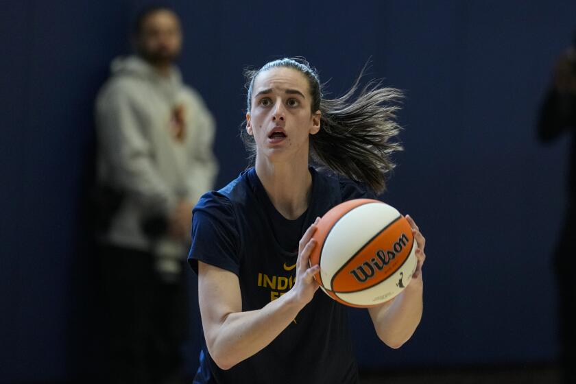 Indiana Fever guard Caitlin Clark looks to shoot as the WNBA basketball team practices in Indianapolis, Sunday, April 28, 2024. (AP Photo/Michael Conroy)