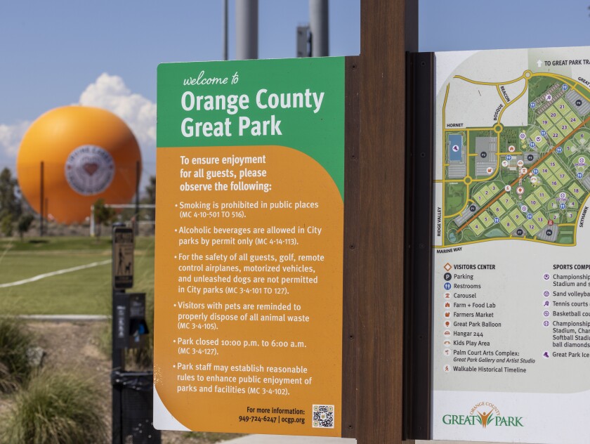 A view of a sign at the Great Park in Irvine, where the Irvin city council has voted to drop 'Orange County' from the name.