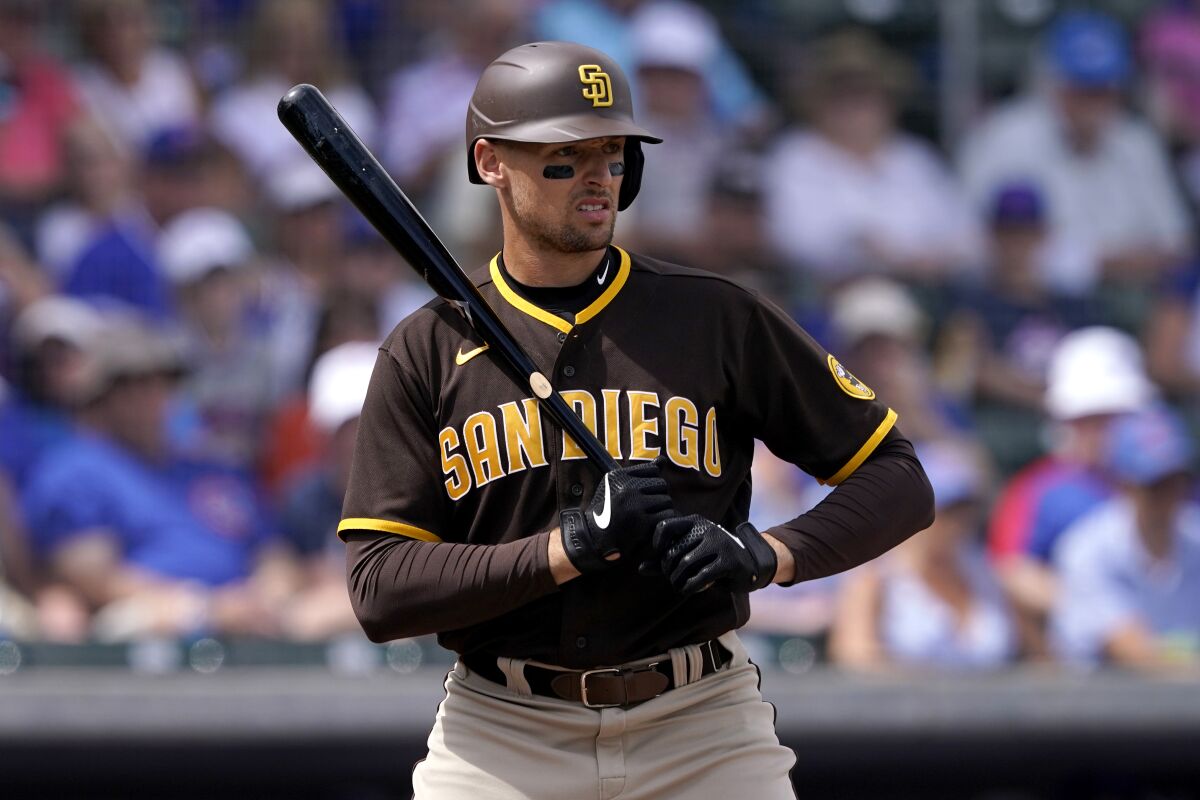 Trayce Thompson bats during a spring training game between the San Diego Padres and Chicago Cubs in March.