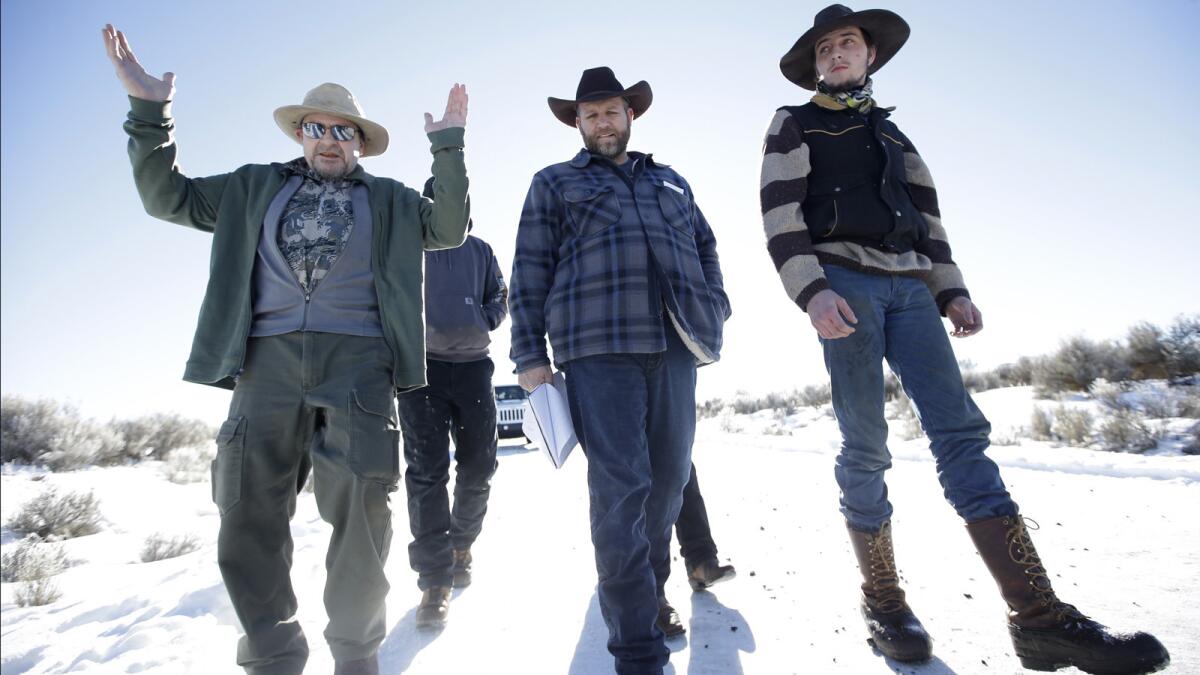 Ammon Bundy, center, at the Malheur National Wildlife Refuge near Burns, Ore., during the occupation.
