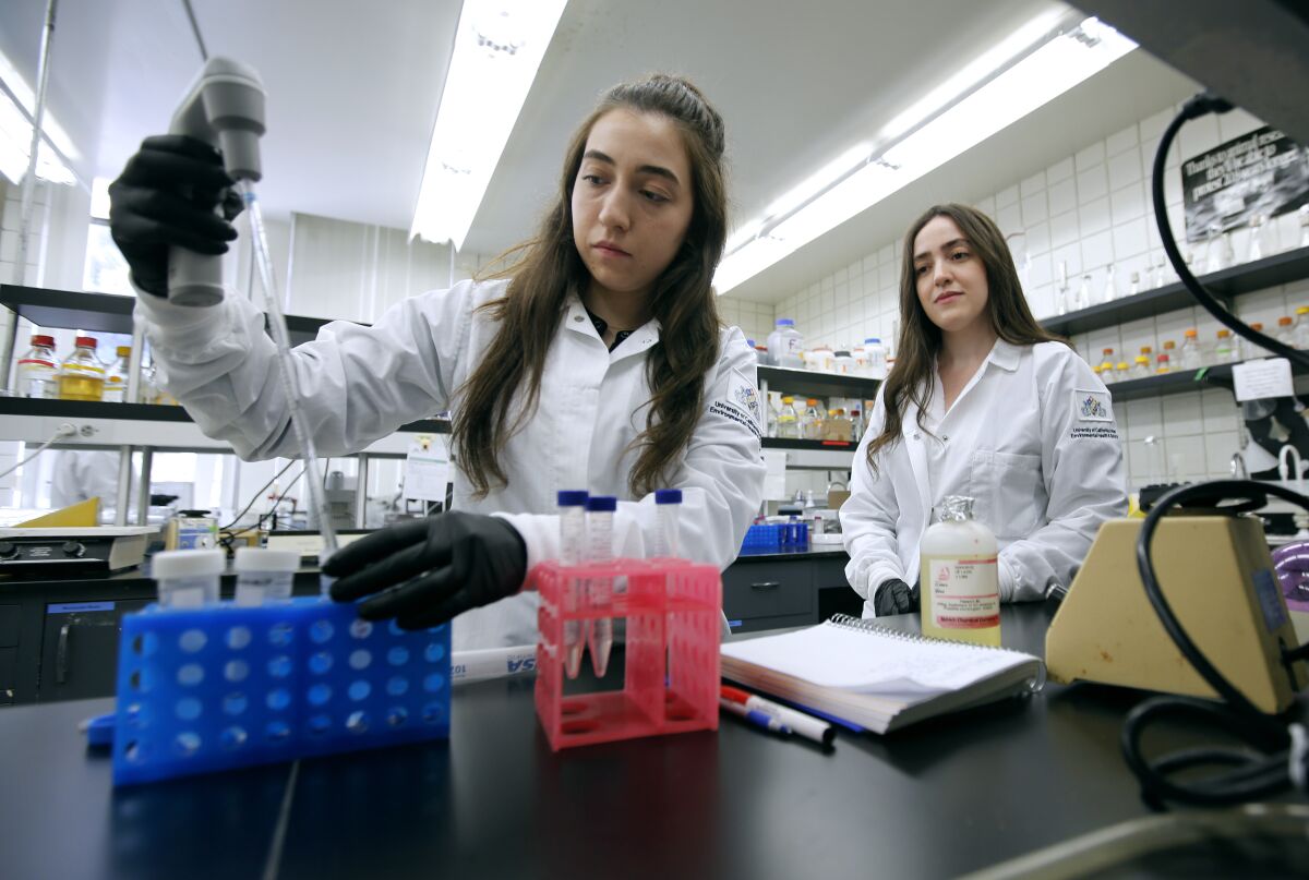Siblings Wedad Alhassen, 25, left, and Lamees Alhassen, 26, work on a solution for injection at a laboratory at UCI.