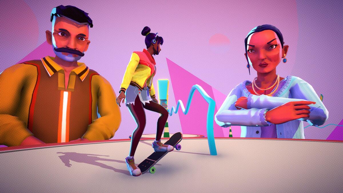 A surreal scene in which Jala's oversized parents stand before her and a zig-zagging skateboard rail. 