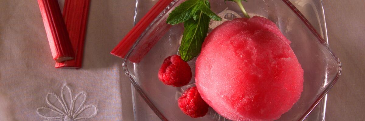 A dessert of raspberry ice and rhubarb