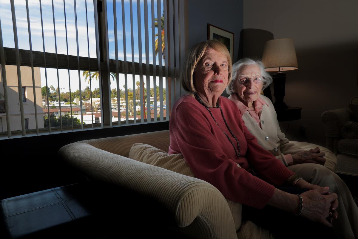 Senior living residents Marion Marx, left, and Marian Sachs, 101, were instrumental in getting meat removed from the menu one day a week at The Fair Oaks Assisted Living facility.