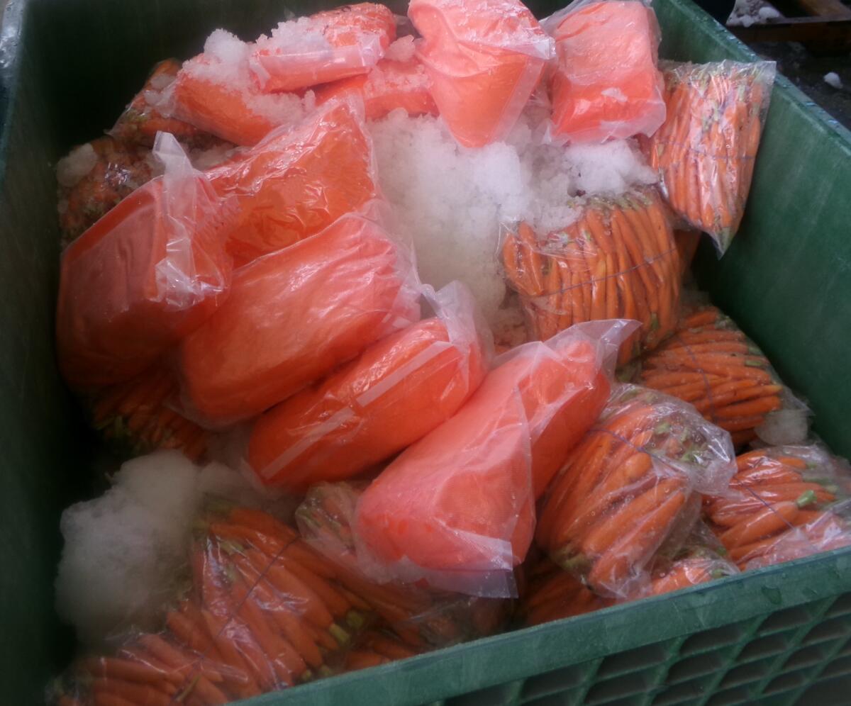 Plastic bags of carrots strewn over bags of a white substance in a bin