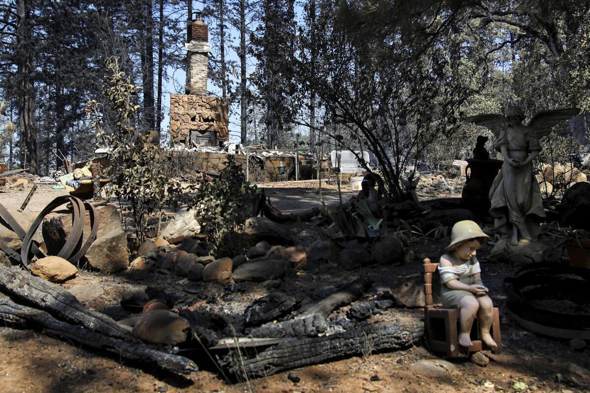 A home destroyed by the Park fire is seen along Cohasset Road in Cohasset.