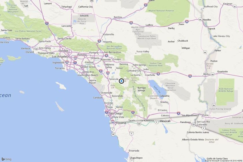 A map showing the location of the epicenter of Thursday morning's quake near Cahuilla, Calif.
