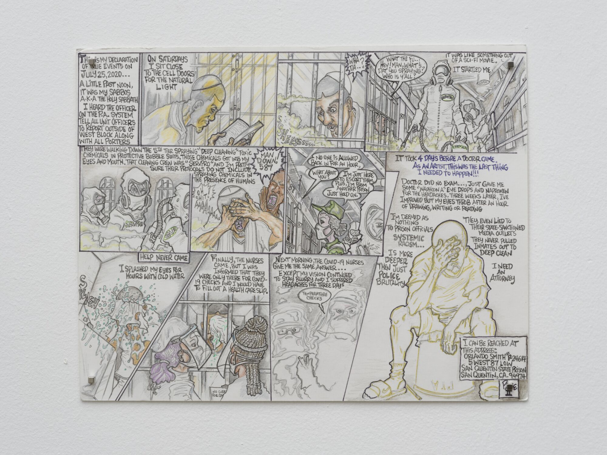 A graphic illustration Orlando Smith depicts his interaction with deep cleaners at the San Quentin prison this summer.
