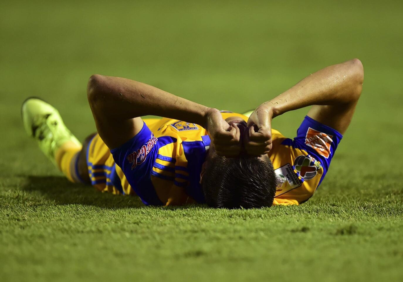 Hugo Ayala of Mexico's Tigres reacts, during their Libertadores Cup first leg final, at the Universitario Stadium, in Monterrey, Nuevo Leon State, Mexico, on July 29, 2015. AFP PHOTO/RONALDO SCHEMIDTRONALDO SCHEMIDT/AFP/Getty Images ** OUTS - ELSENT, FPG - OUTS * NM, PH, VA if sourced by CT, LA or MoD **