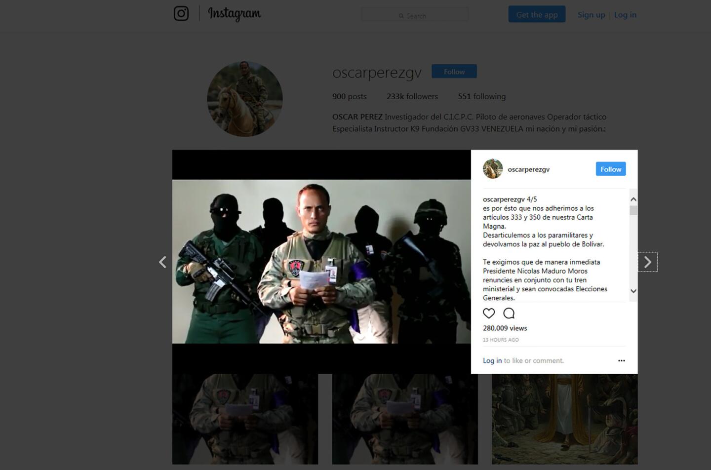 A screen grab taken off Instagram shows alleged Venezuelan ex-forensic officer Oscar Perez, identified by the police as the pilot helicopter who attacked the Supreme Court in Caracas, delivering a speech. Venezuela's army has been put on alert after four grenades were hurled at the Supreme Court from a helicopter.