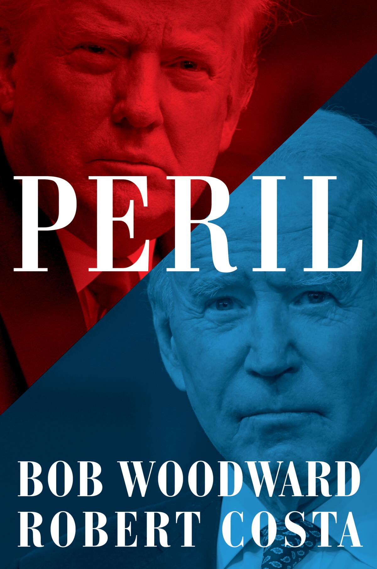 An image of a man in red in the upper left corner and a man in blue in the lower right corner on the book cover "Peril."