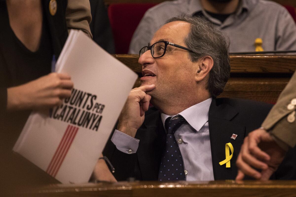 El legislador separatista Quim Torra, candidato para presidente de Cataluña, durante una sesión del Parlamento, el sábado 12 de mayo de 2018, en Barcelona, España.