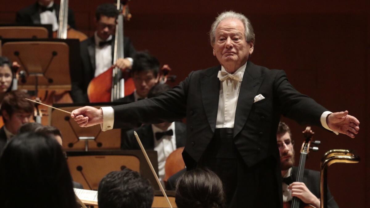 Neville Marriner, at age 90, conducting the Colburn Orchestra at Walt Disney Concert Hall in 2015 in what would be his final visit to Los Angeles.