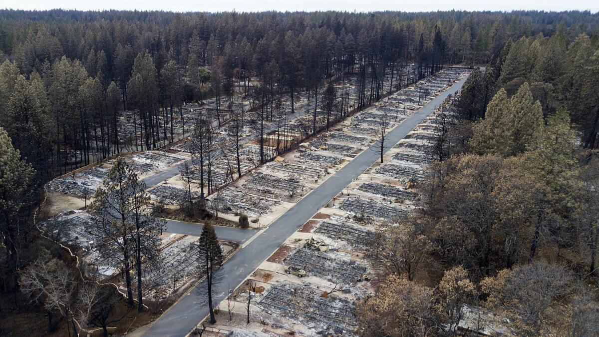 Homes leveled by the Camp fire line the Ridgewood Mobile Home Park retirement community in Paradise.