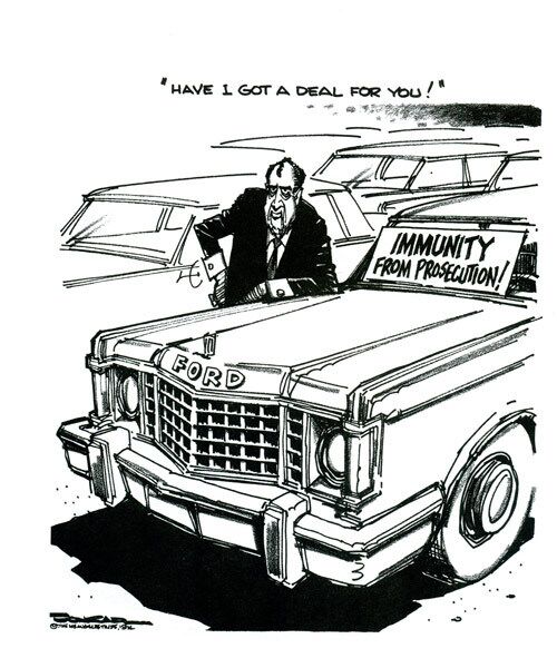 Nixon is depicted as a used-car salesman trying to sell the country on Gerald Ford.