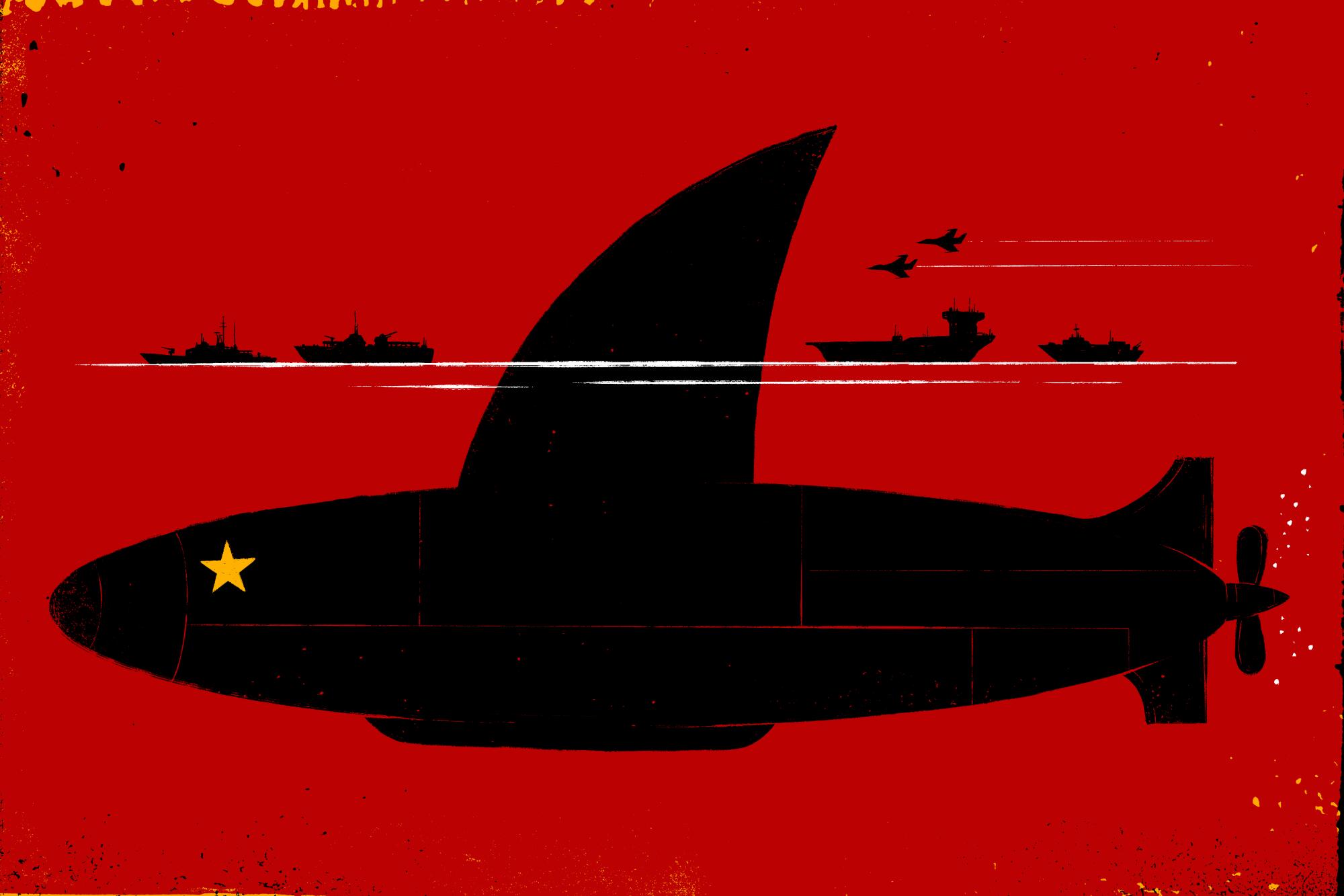 Illustration of a submarine with a yellow star and a large shark fin on a red background with warships and planes