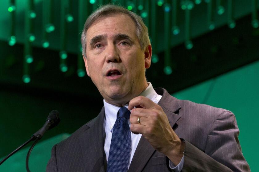 FILE - In this Jan. 24, 2019, file photo Sen. Jeff Merkley, D-Ore., speaks during the U.S. Conference of Mayors meeting in Washington. Democrats hoping to unseat President Donald Trump in 2020 are dancing with the freshman stars these days in an unprecedented pursuit of still-green lawmakers in an institution driven by seniority. For these political suitors, theres credibility to be gained from the younger, more diverse and social media-savvy members of the biggest freshman class since Watergate. (AP Photo/Jose Luis Magana, File)