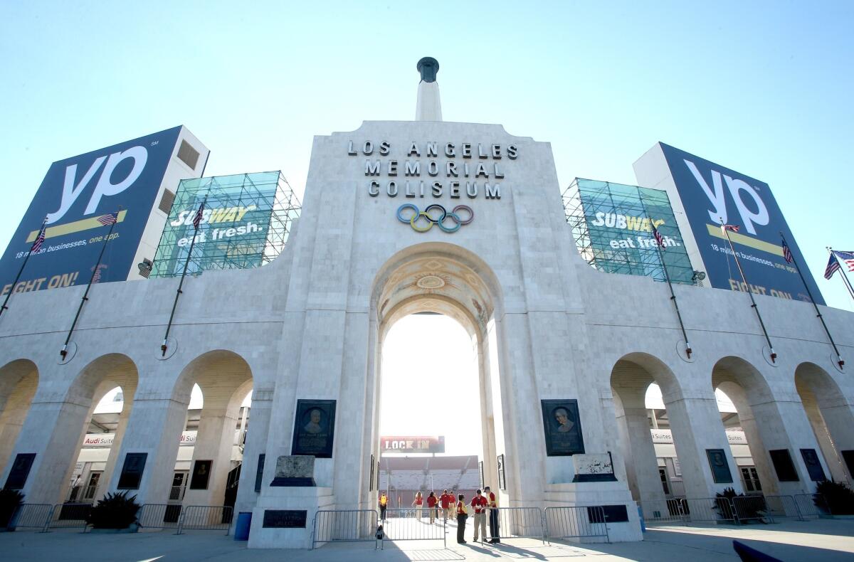 An exterior view of the Los Angeles Coliseum before the game between the Washington State Cougars and the USC Trojans on Sept. 7.