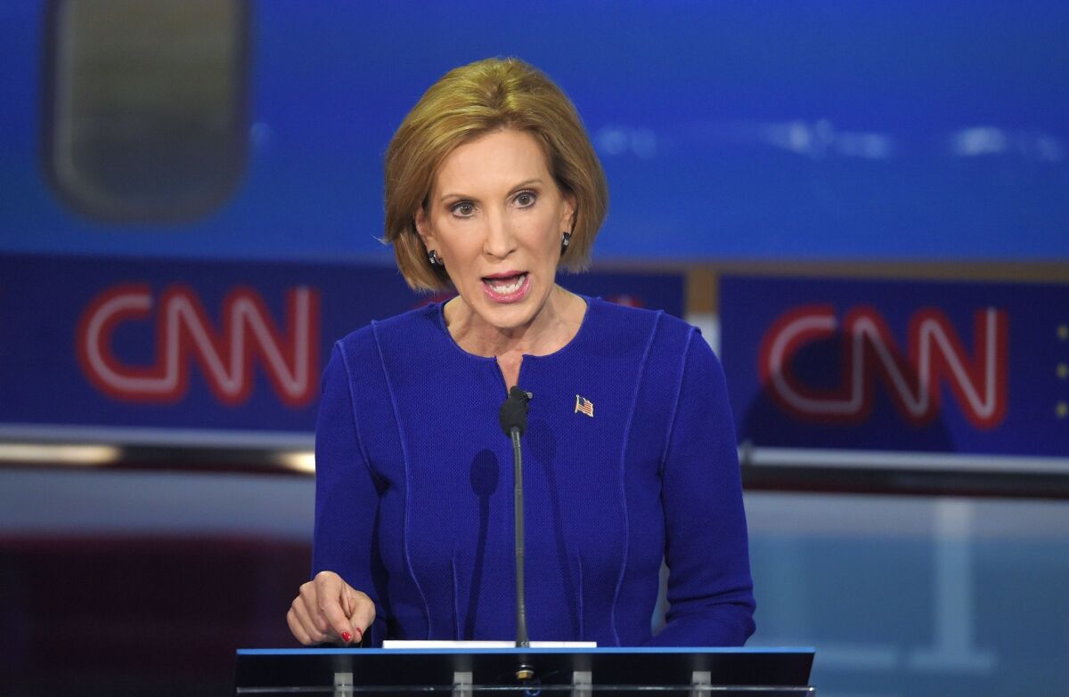 Republican presidential candidate and businesswoman Carly Fiorina makes a point during the CNN Republican presidential debate held on Sept. 16 in Simi Valley, Calif.