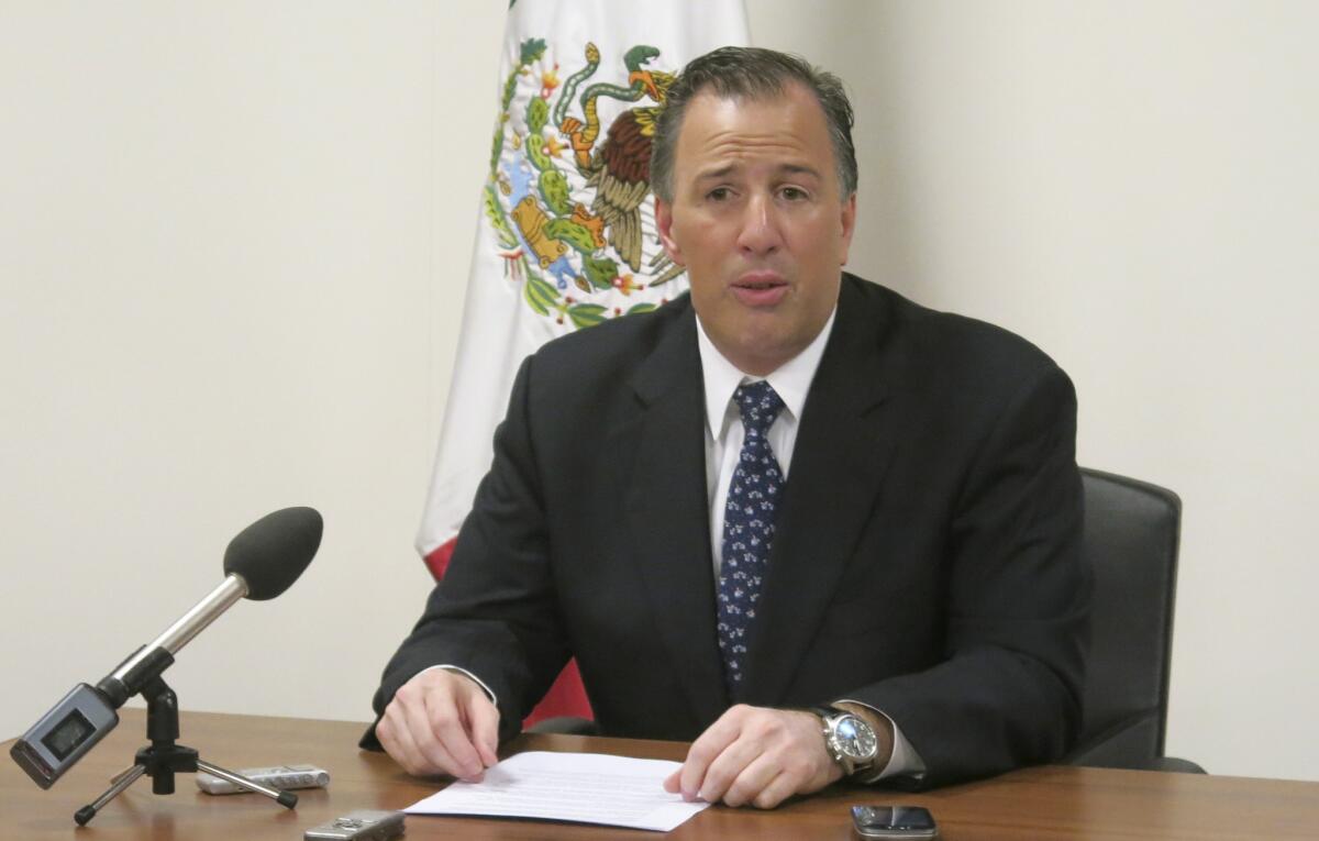 Mexican Foreign Secretary Jose Antonio Meade speaks at a news conference at the Mexican U.N. Mission in Geneva.