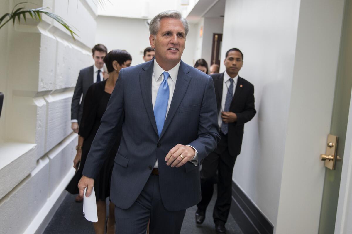 House Majority Leader Kevin McCarthy of California leaves a meeting on Capitol Hill.