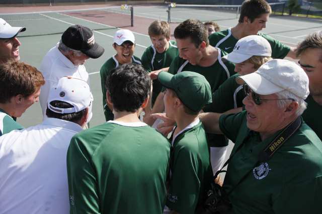 The Sage Hill School boys' tennis team rallies before the third round of the match against Cerritos during the CIF Southern Section Division III semifinals at Cerritos High.